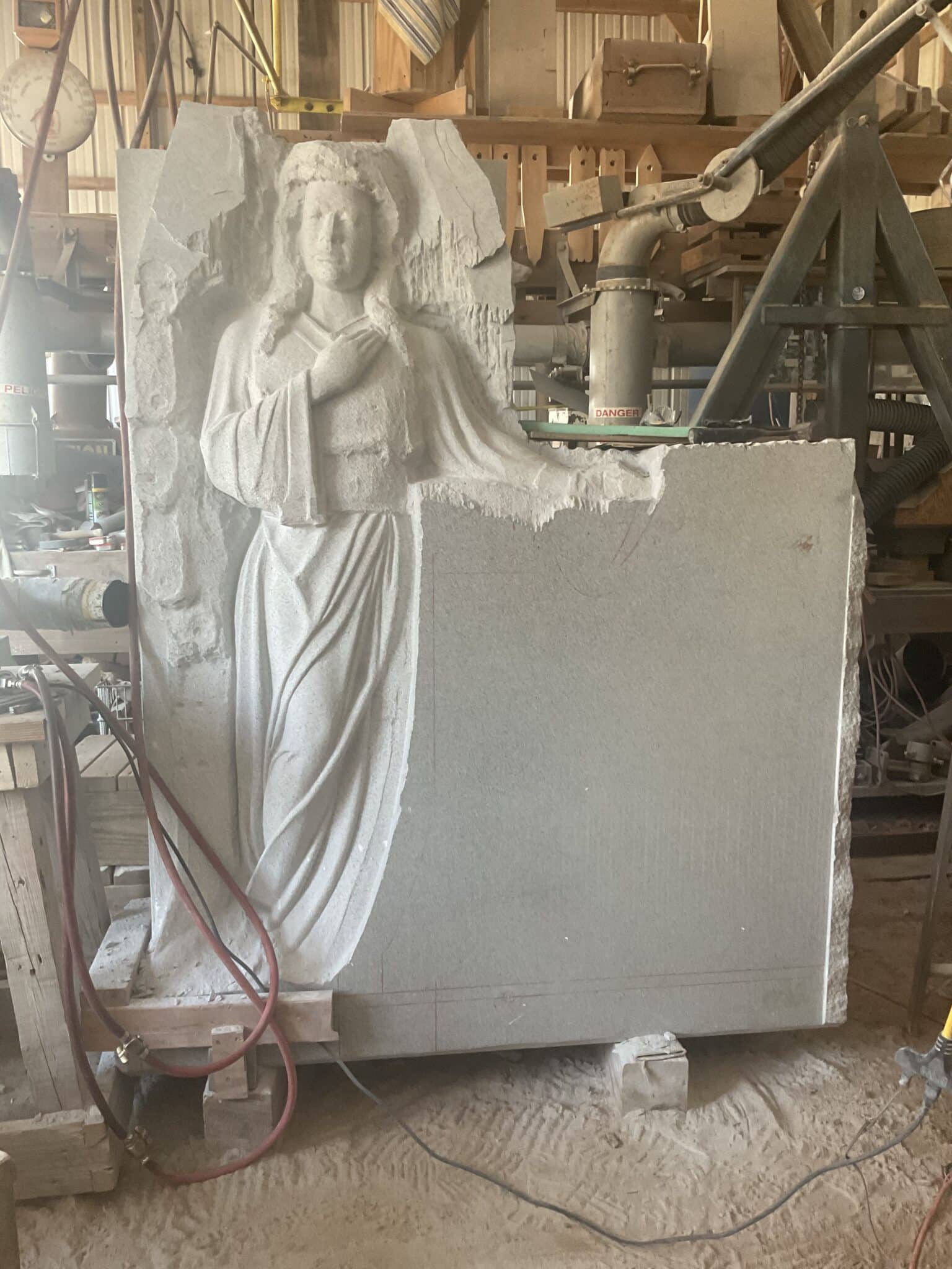 Mooney Angel. life-size granite sculpture, in progress view