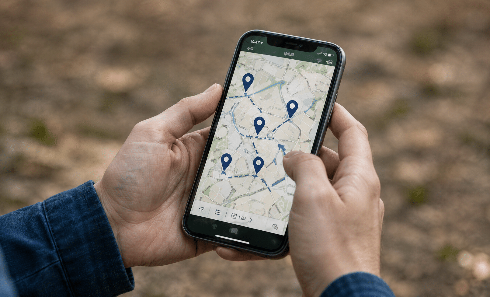 Person holding a smartphone with a map open
